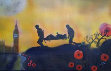 Returning from the conflicts of war. This piece depicts the iconic poppies and the graves of the brave who did not return. 