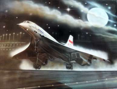 Taking off at night. Painted on card using golden colours airbrush paints and sealed with lacquer.