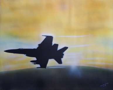 In shadow at high altitude showing against the curvature of the earth and the sunrise. Painted on canvas using golden airbrush colours and sealed with lacquer.