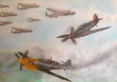 A Hurricane attacking an ME109 to protect the Lancaster’s. Painted on schoellshammer G4 airbrush paper using Schmincke aero colour fluid acrylic and sealed with lacquer.
