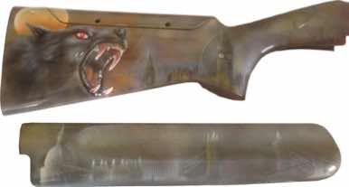 Airbrushed on a wooden stock using the darkness of the wood 